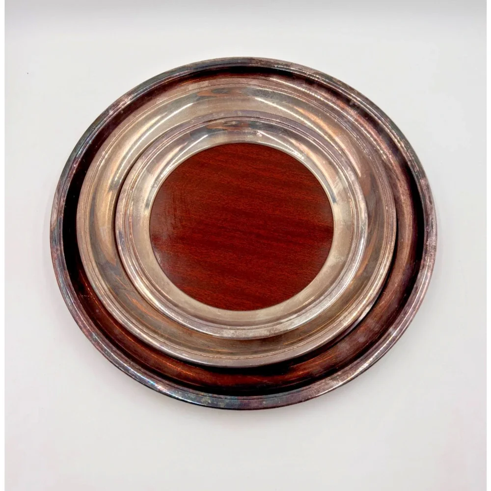 Vintage Crescent Silverplate Formica Coaster Set Wood Grain Bar Trays MCM
